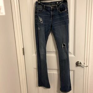Miss Me Slim Boot Cut Jeans women’s W27 L34 heavily distressed soft 96%‎ cotton